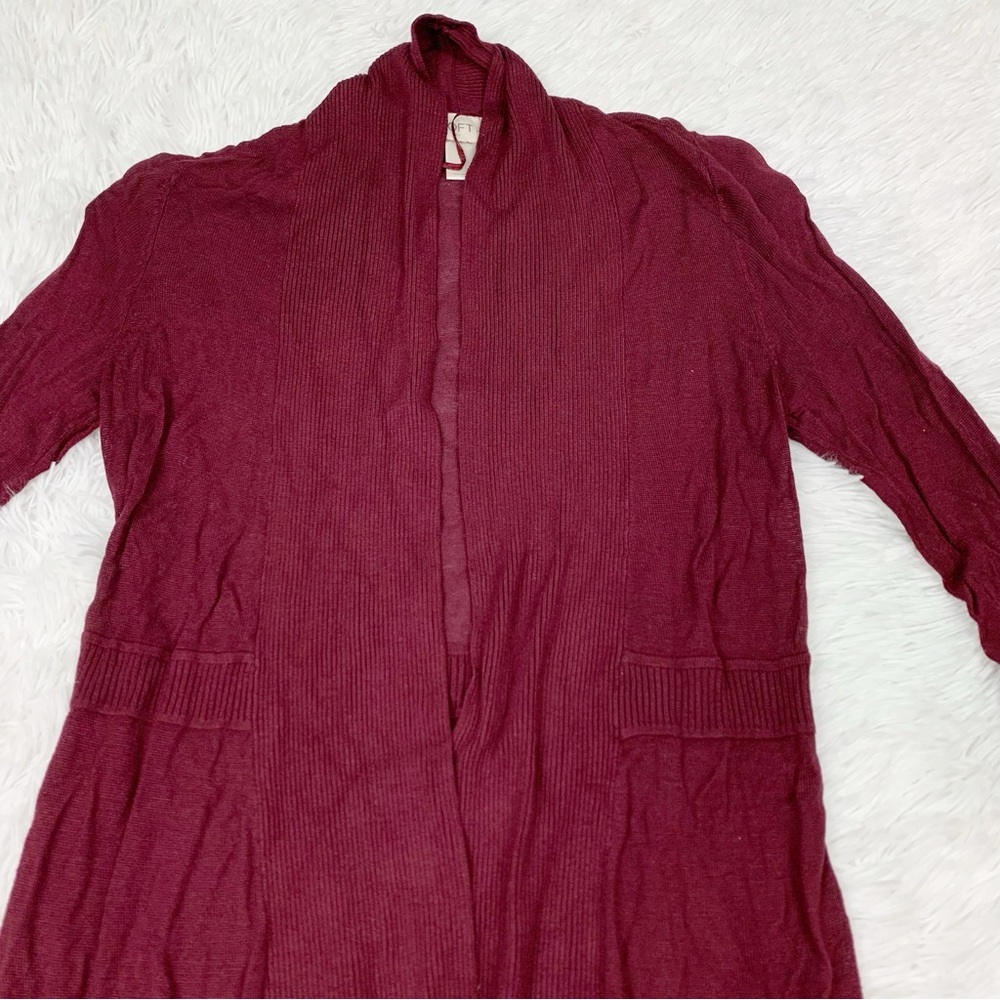 Loft Petite long sleeve open front cardigan mid length burgundy - Picture 3 of 8